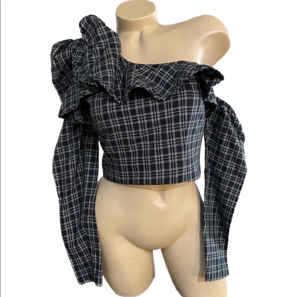 Petersyn Plaid Holly Top Dorset One Shoulder Cropped Plaid Print Small NEW NWT